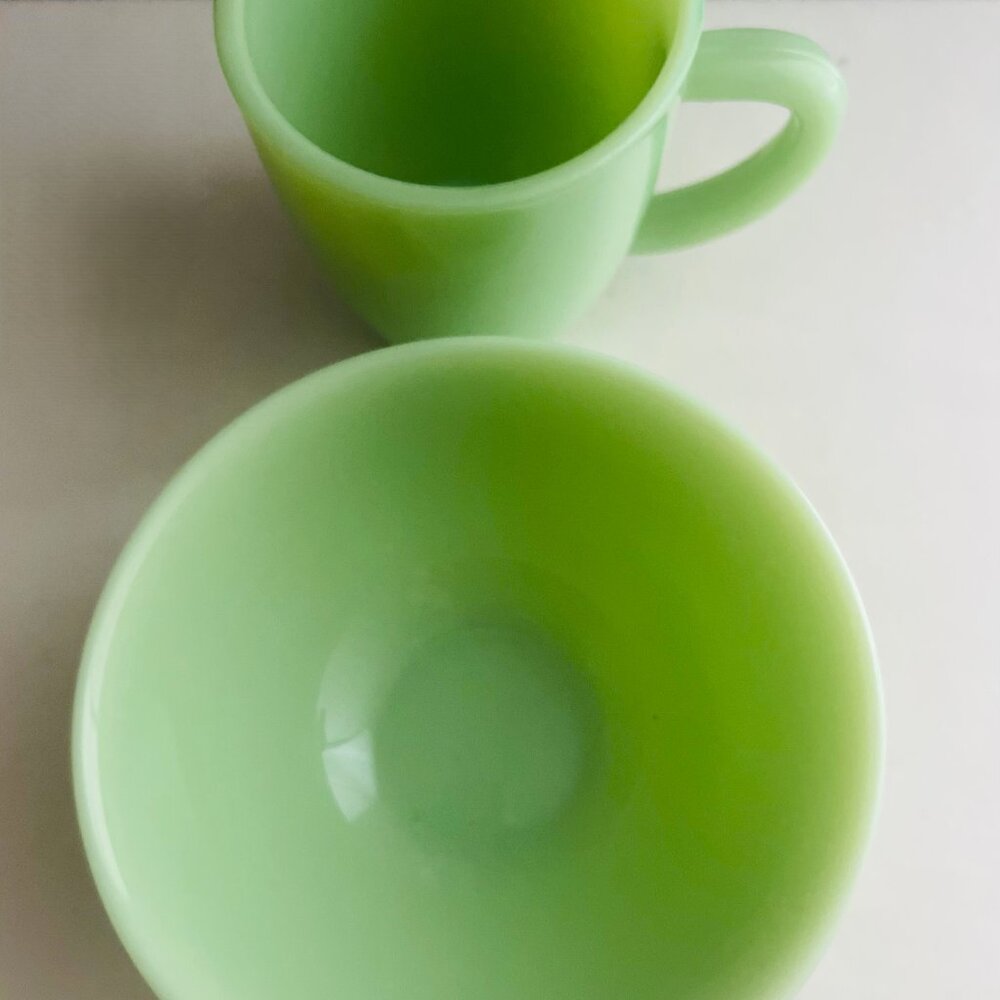 2 Vintage Jade Glass Breakfast Set, D Ring Handled Mug & Cereal Bowl; Repo MCM